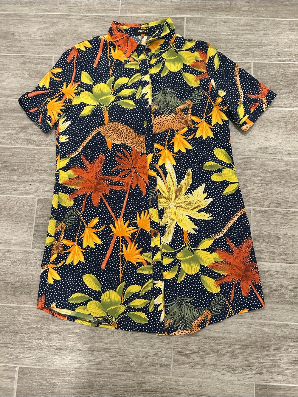 chic Navy Floral Button-Front Dress with Yellow & Orange Print